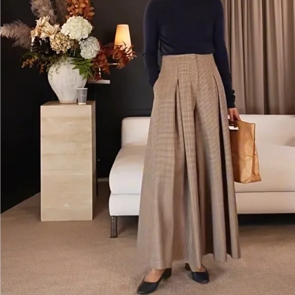 High Waist Plaid Wide Leg Pants Size M Brown Beige Vintage style